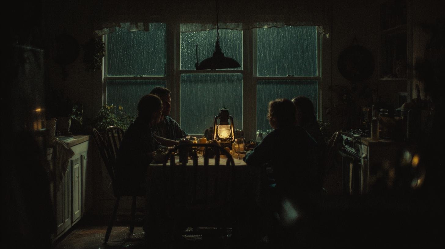 A family gathered around a kitchen table lit by a lantern during an outage